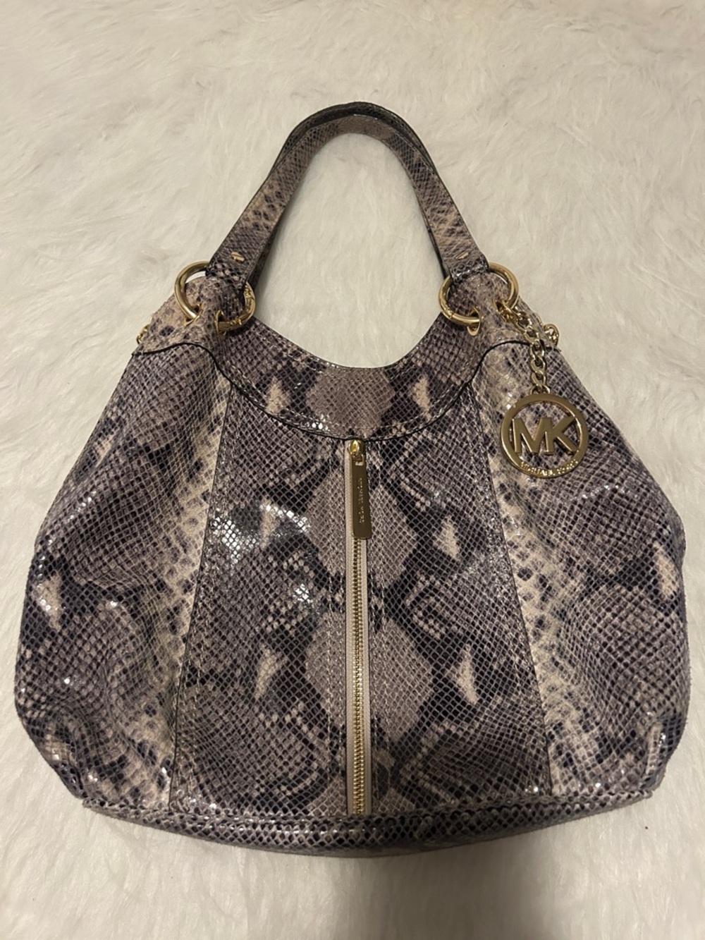 Michael Kors Gray Taupe Snake-Print Shoulder Bag with Gold Hardware